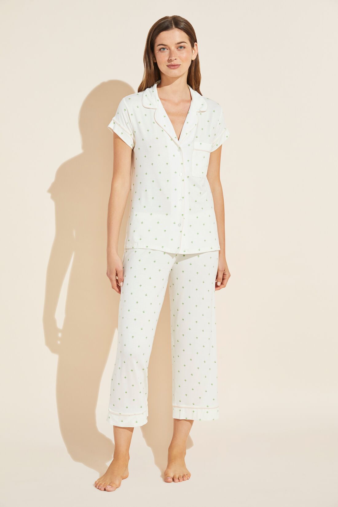 Model wears Gisele Printed TENCEL™ Modal Short Sleeve Cropped PJ Set in palm/Bellini print. 