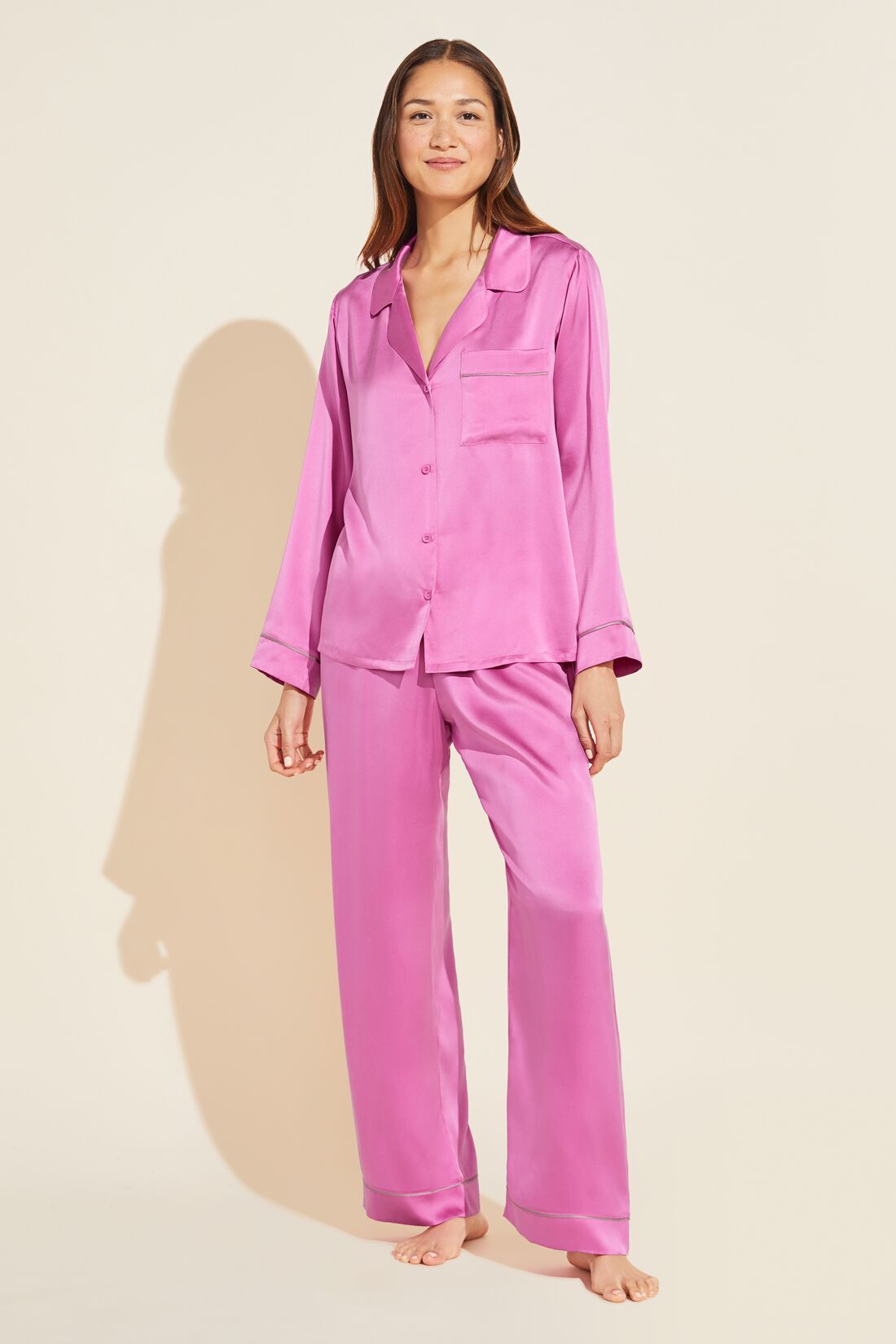 Model wears Inez Washable Silk Long PJ Set in italian rose.