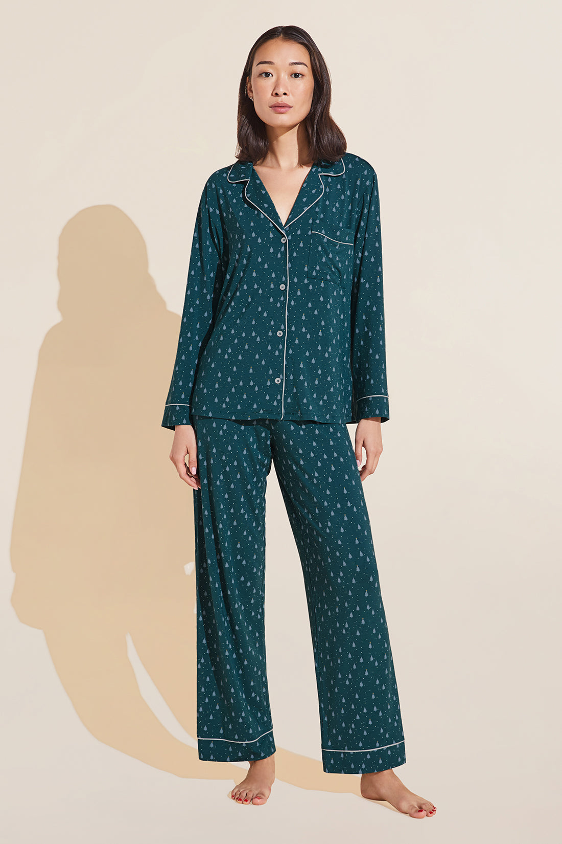 Model wears Gisele Printed TENCEL™ Modal Long PJ Set in evergreen print.