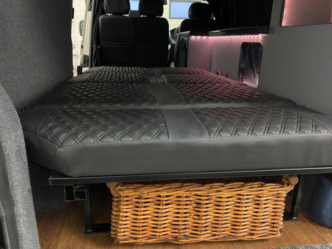 VW T5 Black Diamond Stitched Upholstery on Rock And Roll Bed
