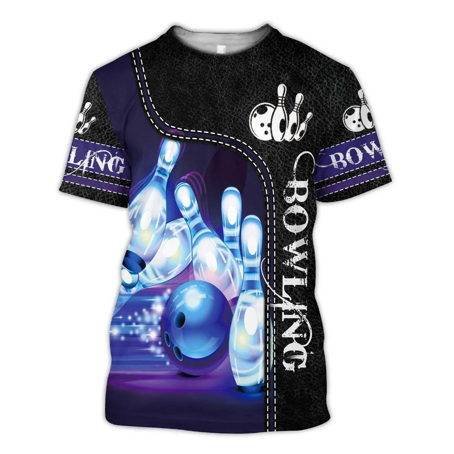 Blue Bowling Shirt Team Unifrom Bowling Player 3D Shirt Black Leather Pattern