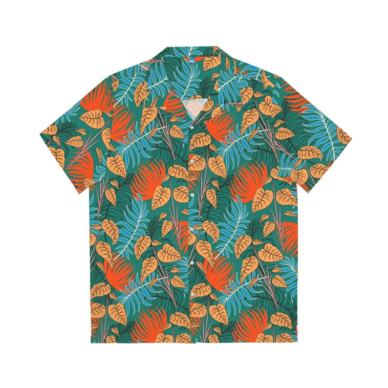 Hawaiian Style Dark Green and Orange Tropical Men's Hawaiian Shirt