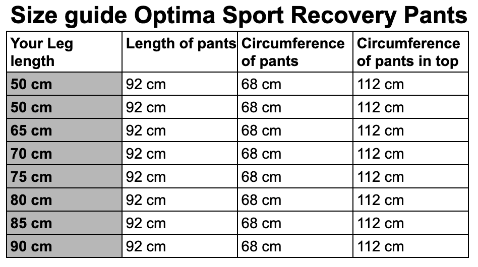 Storleksguide för Optima Sport Recovery Pants
