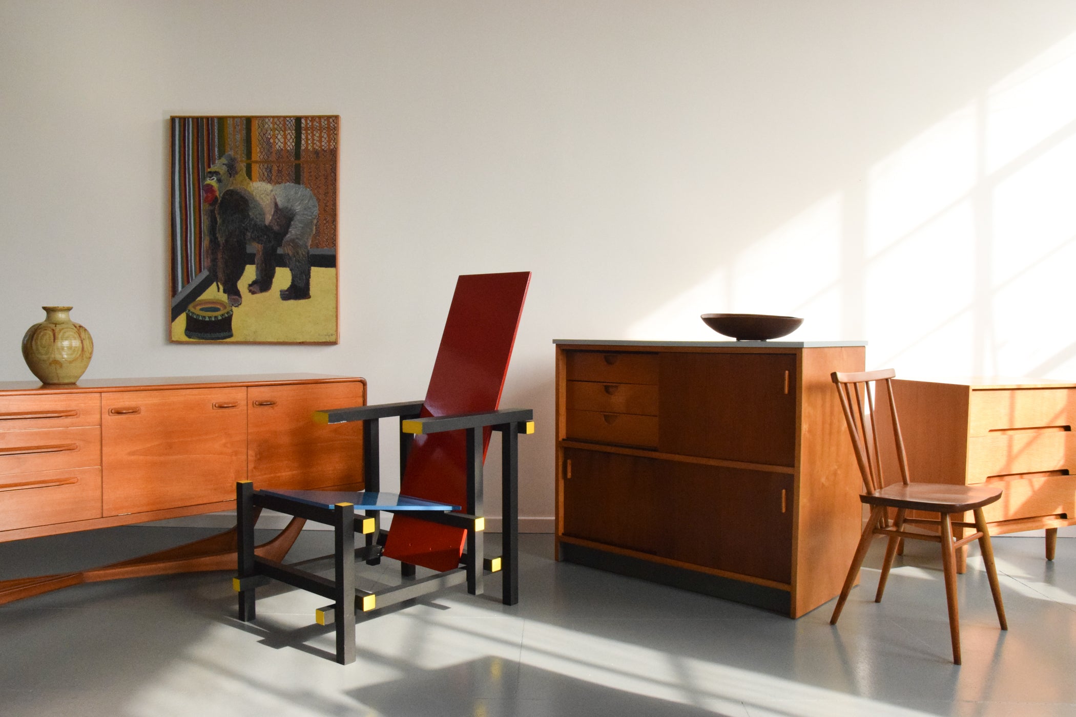 Absolutely Nice Vintage Furniture Collection including a Reproduction Gerrit Rietveld Style Red and Blue Chair, Kandya Cupboard, Ercol Dining Chair, Stag Drawers and a Beithcraft Sideboard