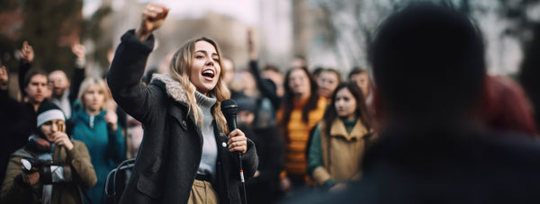 Woman giving a motivational speech to a crowd of people