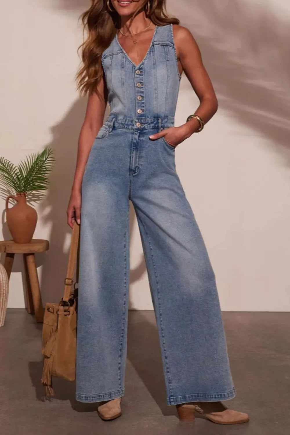 V-neck Wide Leg Denim Jumpsuit