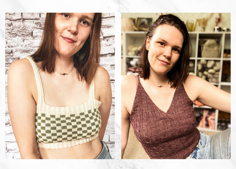 (left) jules wearing a green and white checkerboard knit bralette. (right) jules wearing a plum purple cable knit v-neck tank top.