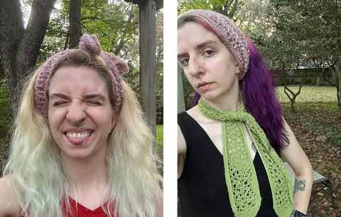 two photos of Bay: 1) Bay wearing a purple Versailles Scarf tied and knotted as a headband and 2) Bay wearing a green Versailles Scarf as a neck scarf and a purple Versailles Scarf as a headband