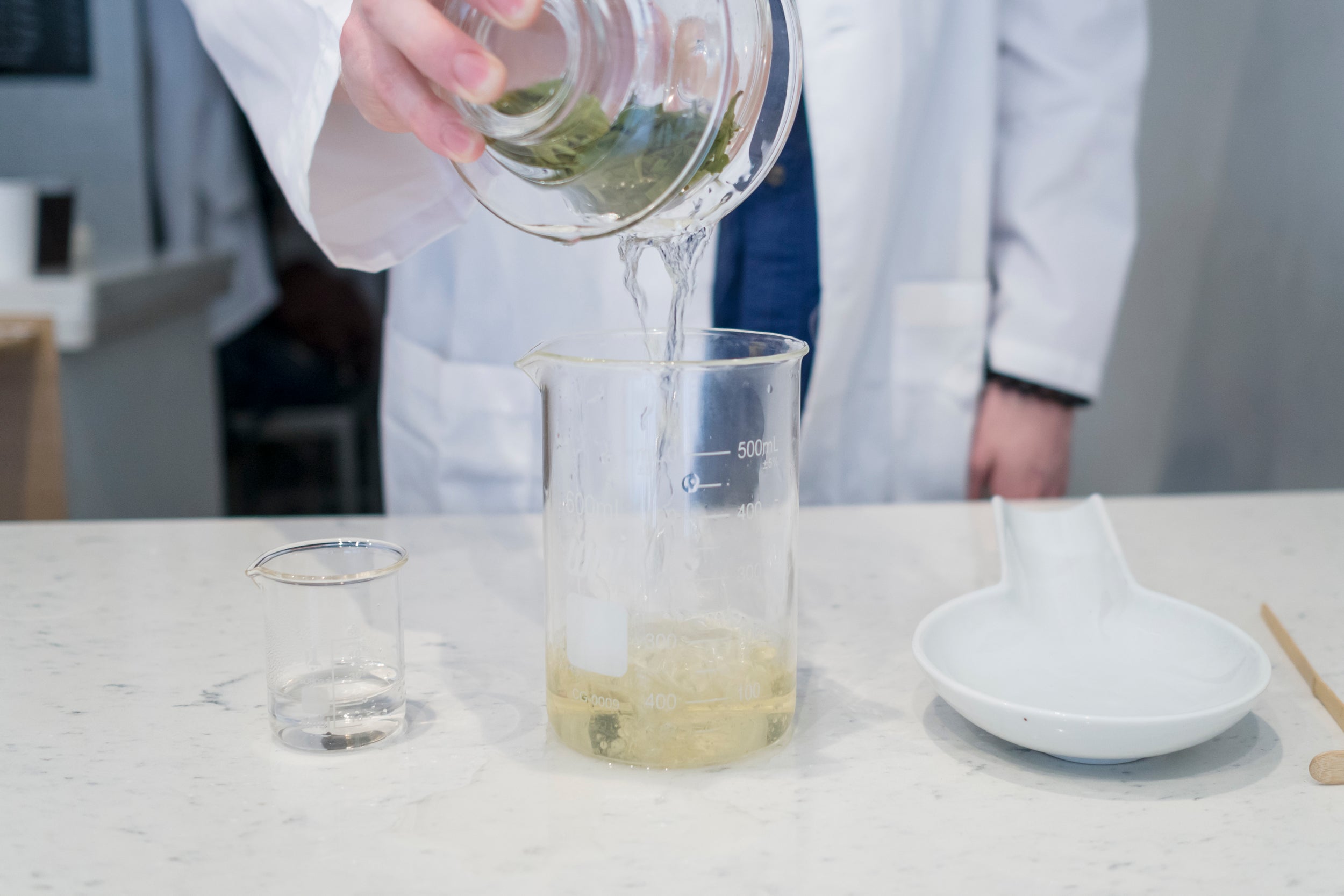 Pouring brewed tea into serving pitcher.