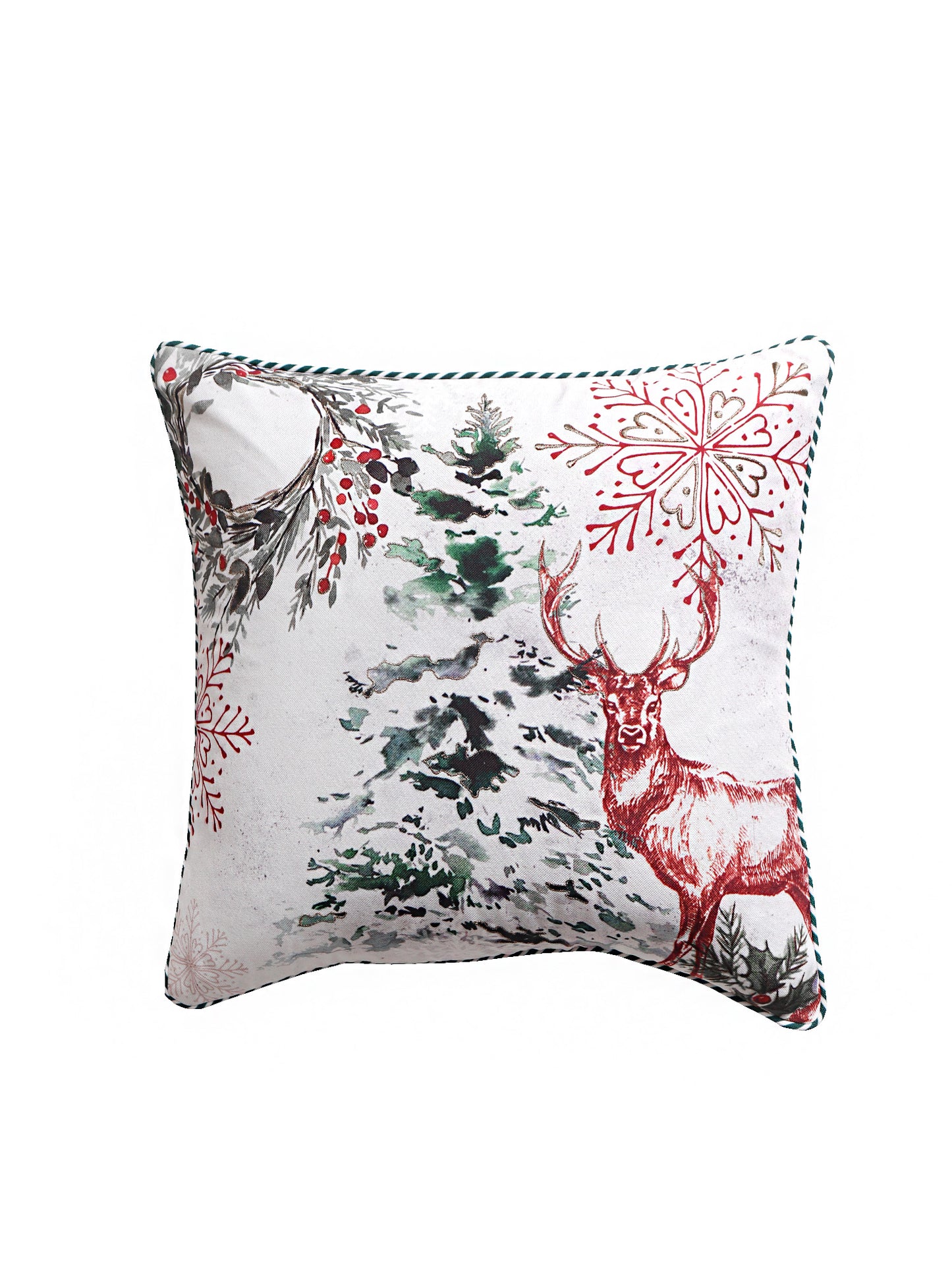 Printed Reindeer Cushion Cover with Antique Gold Embroidery and Cord Piping Cotton Blend Multi - 16" x 16"