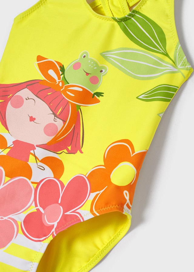 MAYORAL 1-Teiler Mädchen-Badeanzug mit Kreuzträger in Sonnengelb und Blumen-Print