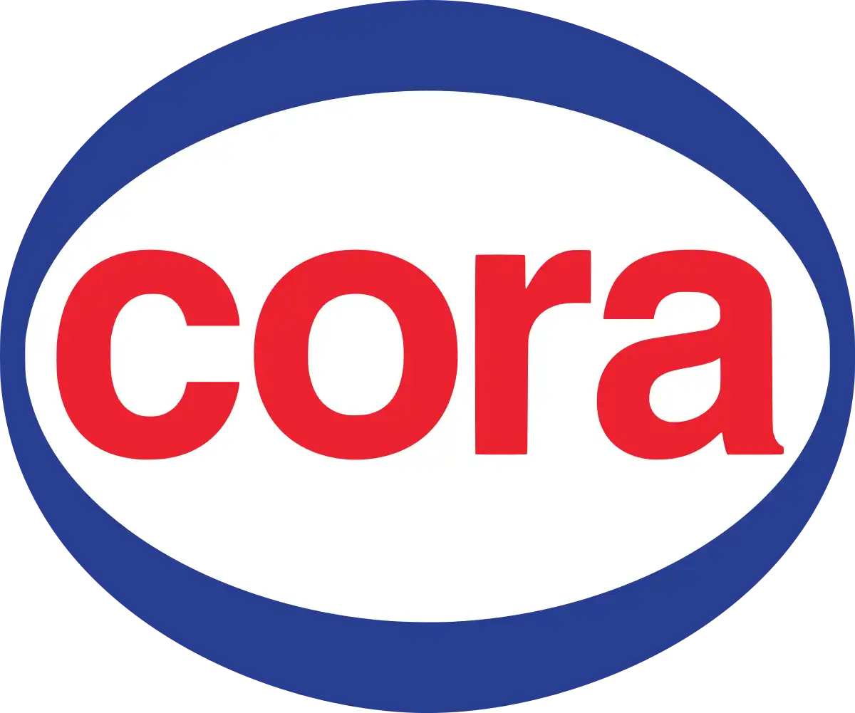 Cora logo with red text on a white background encircled by blue.