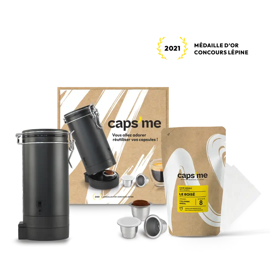 Coffret avec 3 capsules réutilisables compatibles Nespresso® et shaker à  capsule CAPS ME