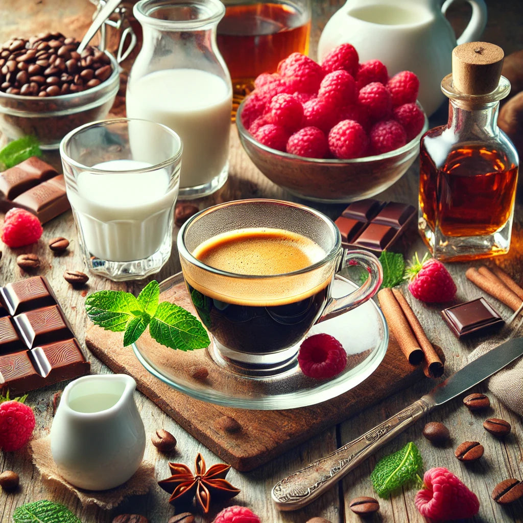 Cup of coffee with milk, raspberries, chocolate, and spices on a rustic table.