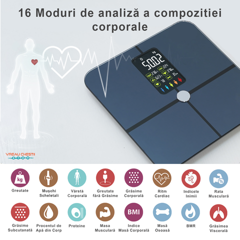 Cantar corporal inteligent Haks, cantar medical,cantar corporal smart, cantar monitorizare compozitie corporala, indice masa corporala, masoara: grasime corporala, ritm cardiac(pulsul), indicele inimii, rata musculara, indicele de masa corporala (BMI), masa osoasa, indicele BMR (necesarul minim de calorii zilnic), grasimea viscerală, muschi scheletali, varsta corporala, greutatea fara grasime, grasime subcutanata, procentul de apa din corp, procentul de proteine din corp, greutate si masa musculara. Aplicatie in limba romana. Cel mai bun si complet cantar medical corporal inteligent