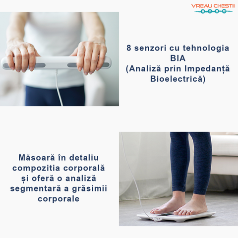 Cantar corporal inteligent ProHaks, Cantar corporal smart, cantar analiza compozitiei corporale, indice masa corporala, masoara: greutate, grasime corporala, rata musculara, indicele de masa corporala (BMI), ritm cardiac, indicele inimii, masa osoasa, indicele BMR (necesarul minim de calorii zilnic), grasimea viscerala, muschi scheletali, varsta corporala, greutatea fara grăsime, grasime subcutanata, procentul de apa din corp, procentul de proteine din corp si masa musculara, masa grasimii, greutatea apei, masa proteica, greutatea corporala ideala, nivelul de obezitate, tipul corpului. Aplicatie in limba romana.