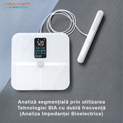 Cantar corporal inteligent ProHaks, Cantar corporal smart, cantar analiza compozitiei corporale, indice masa corporala, masoara: greutate, grasime corporala, rata musculara, indicele de masa corporala (BMI), ritm cardiac, indicele inimii, masa osoasa, indicele BMR (necesarul minim de calorii zilnic), grasimea viscerala, muschi scheletali, varsta corporala, greutatea fara grăsime, grasime subcutanata, procentul de apa din corp, procentul de proteine din corp si masa musculara, masa grasimii, greutatea apei, masa proteica, greutatea corporala ideala, nivelul de obezitate, tipul corpului. Aplicatie in limba romana.