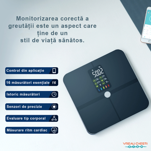 Cantar corporal inteligent Haks, cantar medical,cantar corporal smart, cantar monitorizare compozitie corporala, indice masa corporala, masoara: grasime corporala, ritm cardiac(pulsul), indicele inimii, rata musculara, indicele de masa corporala (BMI), masa osoasa, indicele BMR (necesarul minim de calorii zilnic), grasimea viscerală, muschi scheletali, varsta corporala, greutatea fara grasime, grasime subcutanata, procentul de apa din corp, procentul de proteine din corp, greutate si masa musculara. Aplicatie in limba romana. Cel mai bun si complet cantar medical corporal inteligent