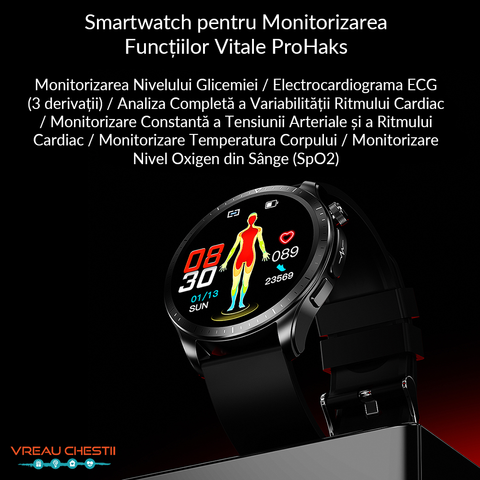 Ceas inteligent masurare glicemie ProHaks, masurare sanatate, ceas smart glicemie, ceas sanatate, ceas glicemie, ceas tensiune arteriala, ceas puls, ceas ECG, ceas monitorizare functii vitale, masoara si verifica: tensiunea arteriala, electrocardiograma 3 derivatii (ECG), procentul de oxigen din sange, pulsul, temperatura, rata respiratorie și somnul. Aplicatie limba romana. Cel mai bun ceas glicemie si tensiune arteriala.