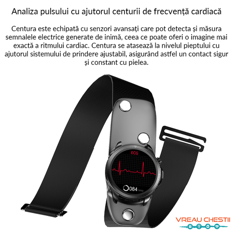 Ceas inteligent masurare glicemie ProHaks, masurare sanatate, ceas smart glicemie, ceas sanatate, ceas glicemie, ceas tensiune arteriala, ceas puls, ceas ECG, ceas monitorizare functii vitale, masoara si verifica: tensiunea arteriala, electrocardiograma 3 derivatii (ECG), procentul de oxigen din sange, pulsul, temperatura, rata respiratorie și somnul. Aplicatie limba romana. Cel mai bun ceas glicemie si tensiune arteriala.