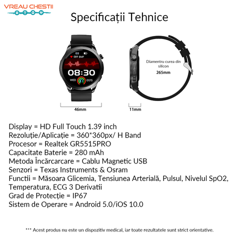 Ceas inteligent masurare glicemie ProHaks, masurare sanatate, ceas smart glicemie, ceas sanatate, ceas glicemie, ceas tensiune arteriala, ceas puls, ceas ECG, ceas monitorizare functii vitale, masoara si verifica: tensiunea arteriala, electrocardiograma 3 derivatii (ECG), procentul de oxigen din sange, pulsul, temperatura, rata respiratorie și somnul. Aplicatie limba romana. Cel mai bun ceas glicemie si tensiune arteriala.