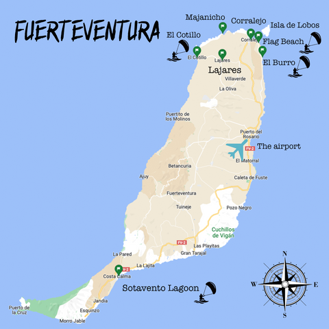 This image shows a visual map of Fuerteventura on which you see the main kitespots marked