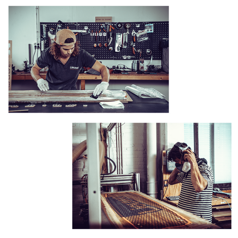 depicted are images of the Lieuwe Factory in which a board is prepared with its eco resin and epoxy, together with epoxy. In the other picture is one of the employees standing at a small CNC machine wearing protectional gear