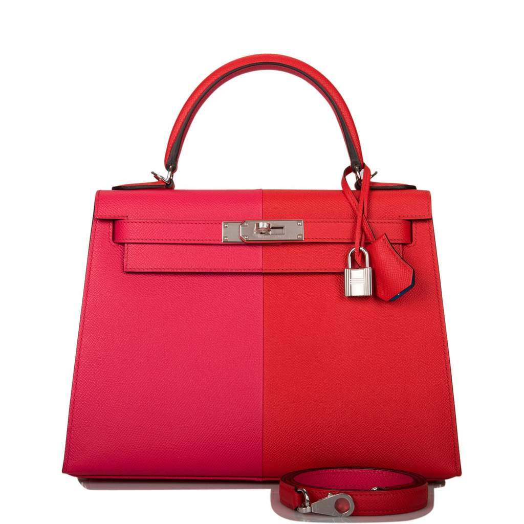 [NEW] Hermès Kelly Sellier 28 | Tri-Color Rouge Casaque, Rose Extreme and Bleu Zanzibar Epsom Leather, Palladium Hardware