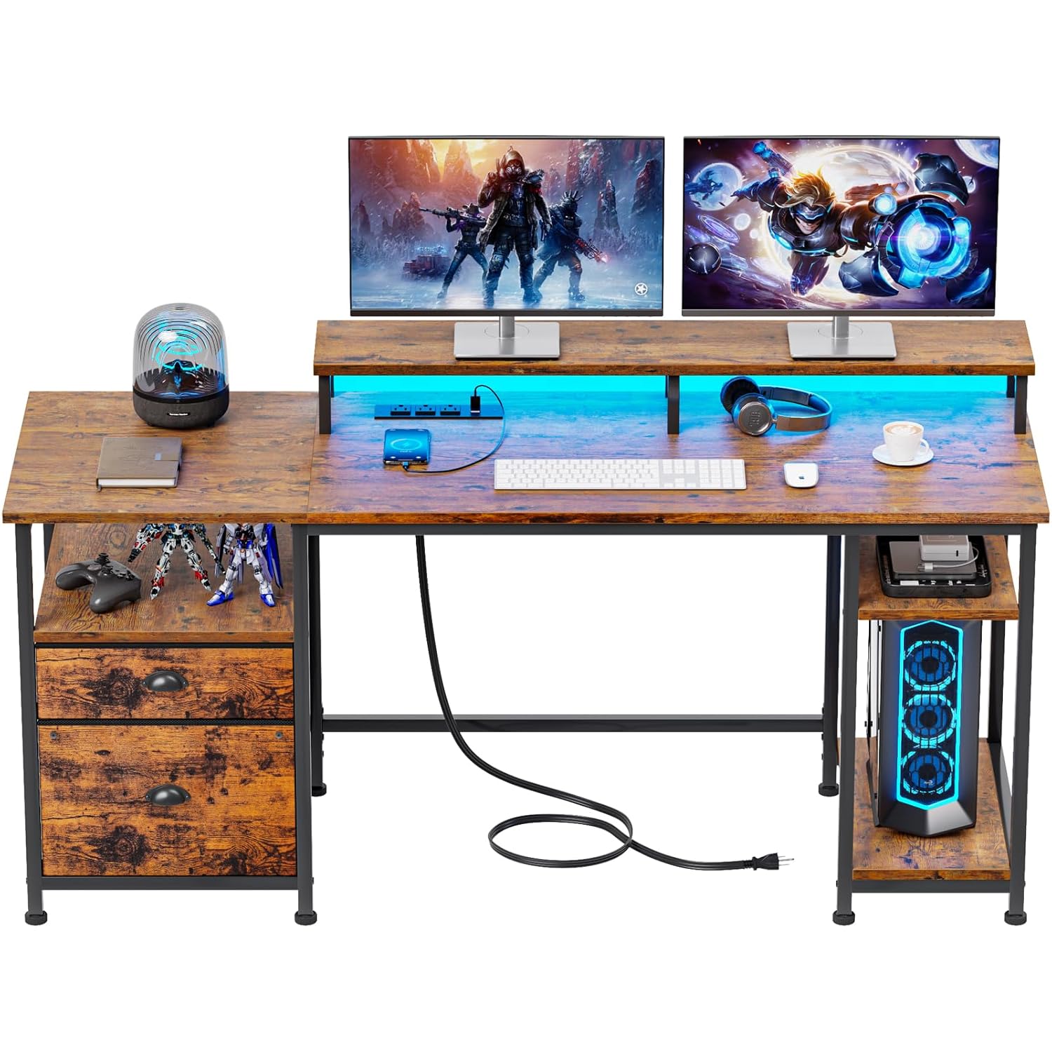 61" Computer Desk With Power Outlet And Usb Ports, Large Desk With Shelves And
