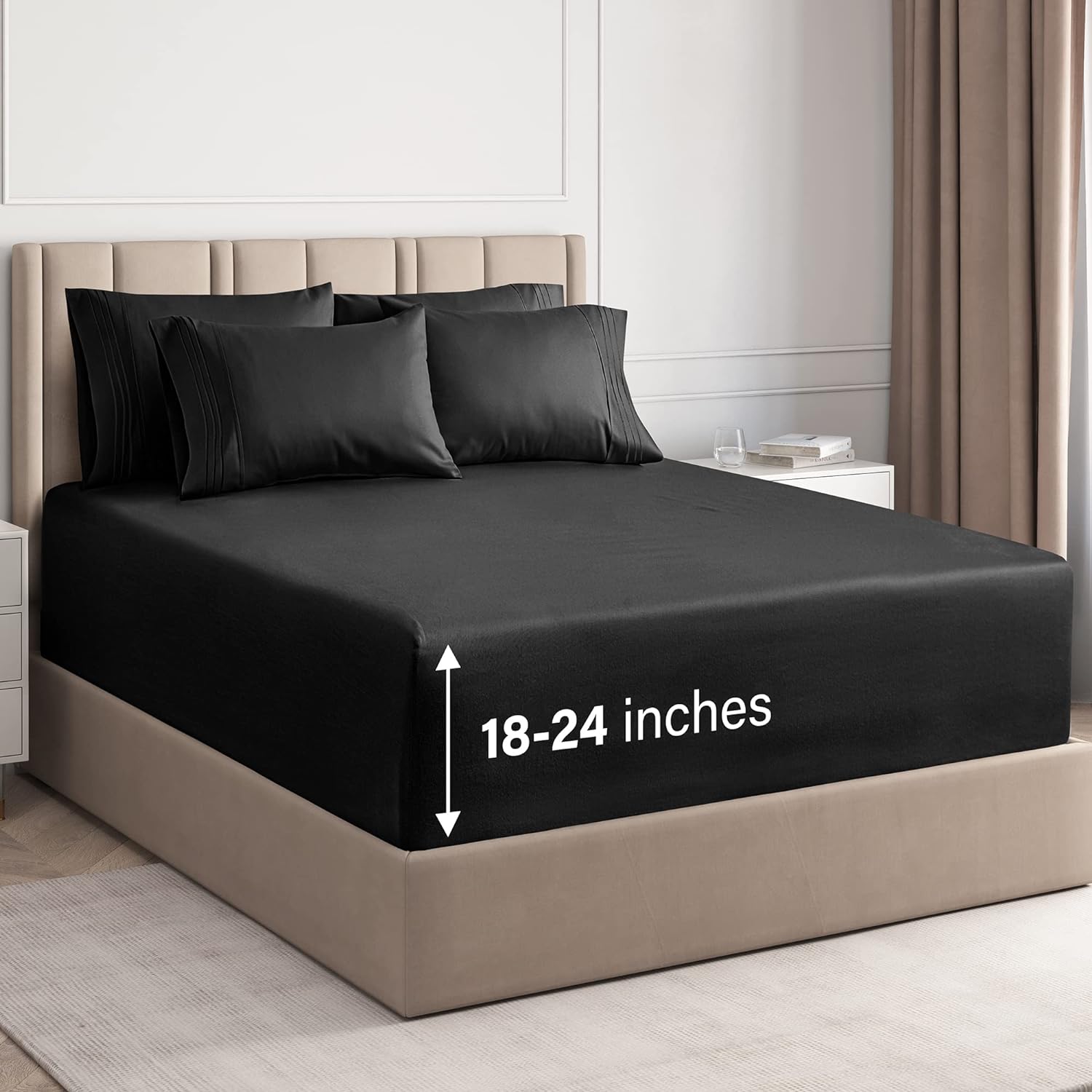Extra Deep Queen Sheet Set - 6 Piece Breathable & Cooling Sheets - Hotel Luxury Bed Sheets Set - Easy & Secure Fit - Soft, Wrinkle Free & Comfy Sheets Set - Black Sheet Set W/Extra Deep Pockets