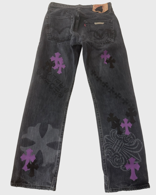 Chrome Hearts cross patched jeans red & black crosses SZ:W30