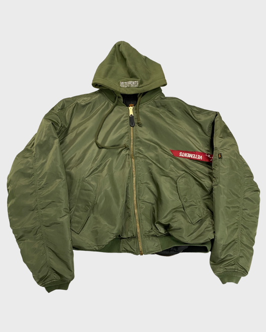 Vetements AW16 oversized green bomber jacket with grey hood