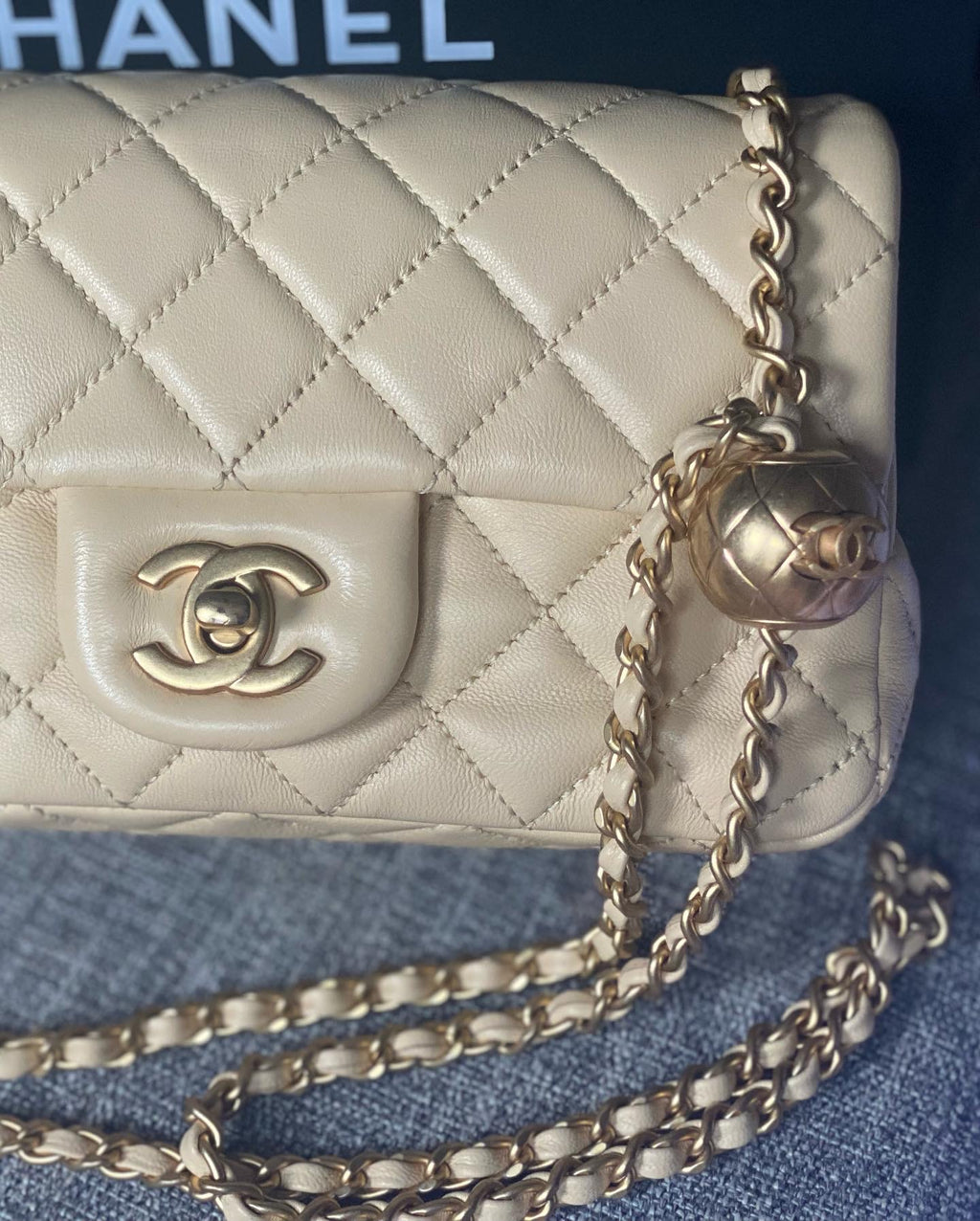Chanel Mini Rectangular Pearl Crush Quilted Blue Lambskin Aged Gold Ha   Coco Approved Studio