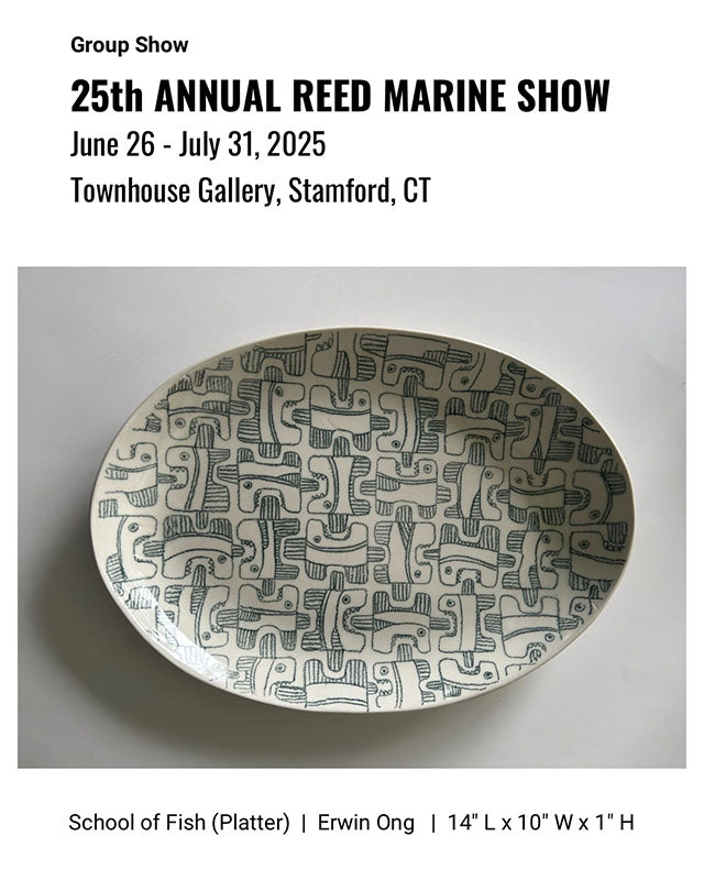 Event Flyer for 25th Reed Marine Show at Stamford Art Association - flyer features a ceramic platter with handrawn fish by White Plains artist Erwin Ong