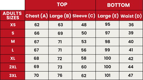 Size Guide Pyjamas Danés ADULTS