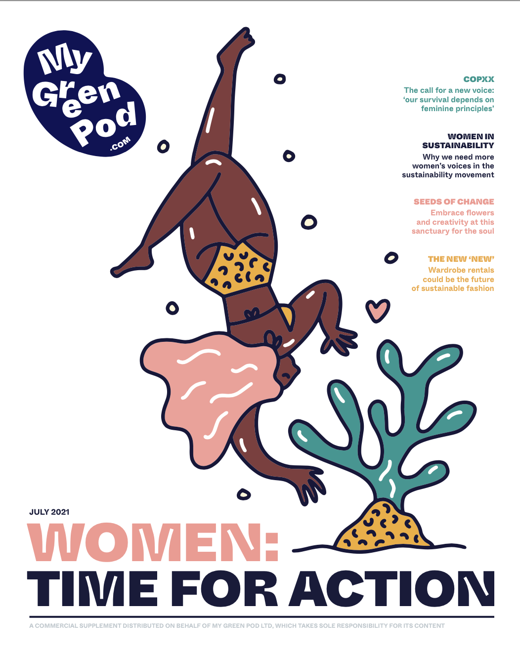 My Green Pod Ethical Magazine cover page July 2021. Title, Women; Time for action. https://www.mygreenpod.com/magazine/