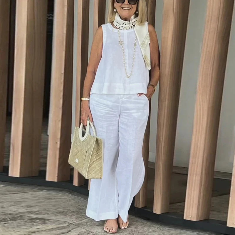 Clacive-Cotton and Linen Sleeveless Suit for women Spring Round Neck Tank Top & Wide-leg Pants Two Piece Set Summer Solid Casual Outfits