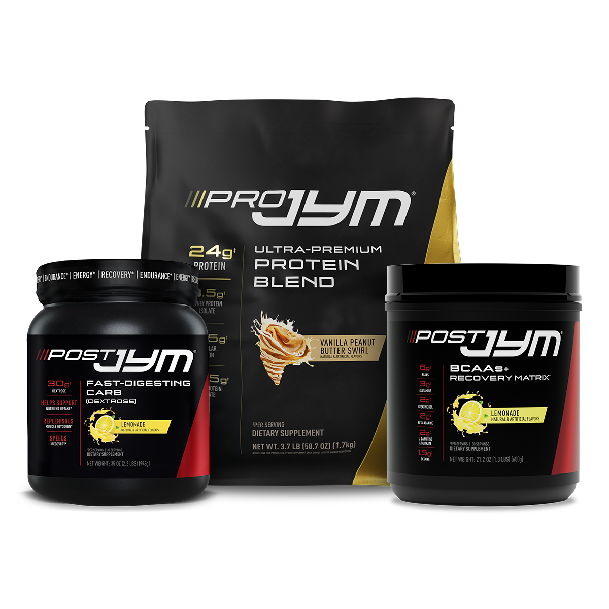 Post Workout Recovery Stack with Post JYM BCAAs+ Recovery Matrix, Post JYM Carbs, and Pro JYM Protein