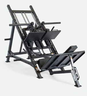 bells of steel hack squat leg press iso machine fully assembled on grey background