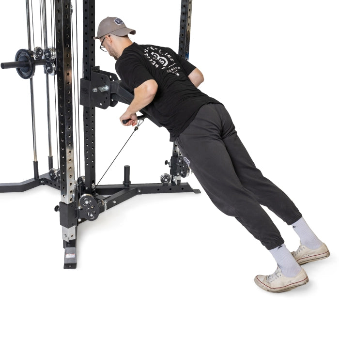 Bells of steel plate loaded cable trainer low row exercise