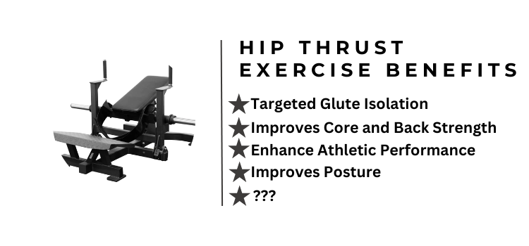 Benefits of the hip thrust with an example hip thrust machine on the left and bullet point benefits on the right