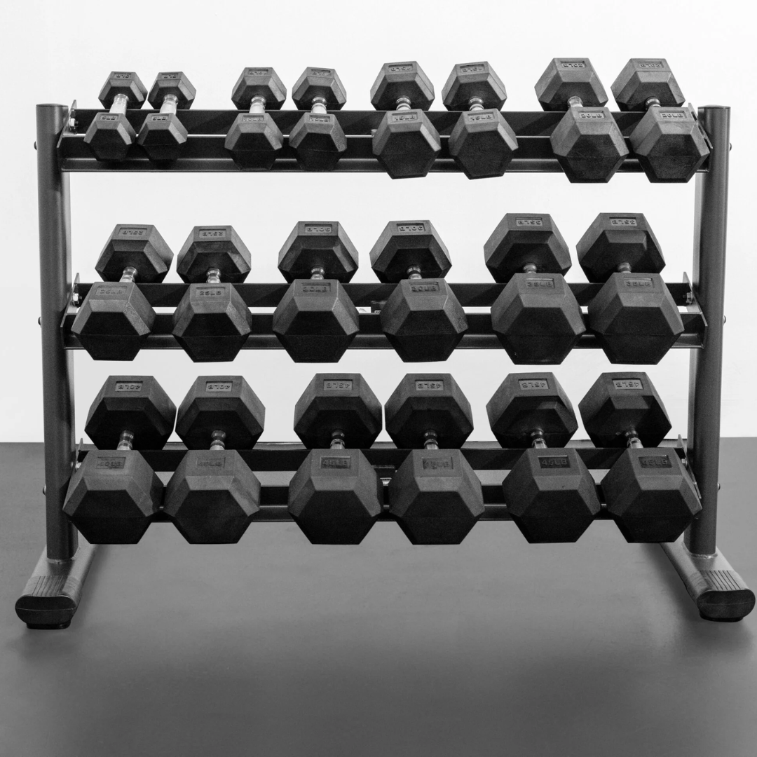 BodyKore 5-50lb Rubber Hex Dumbbell Set With Rack