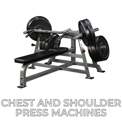 Chest press bench press machine on white background with some text.