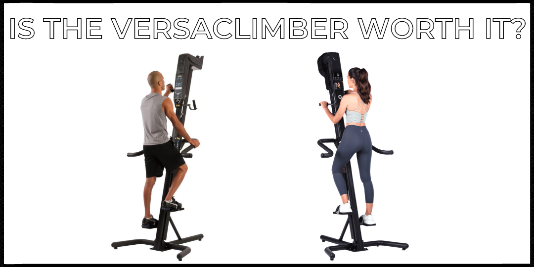 Is Versaclimber worth it? Black outlined white background with two people using the versaclimber