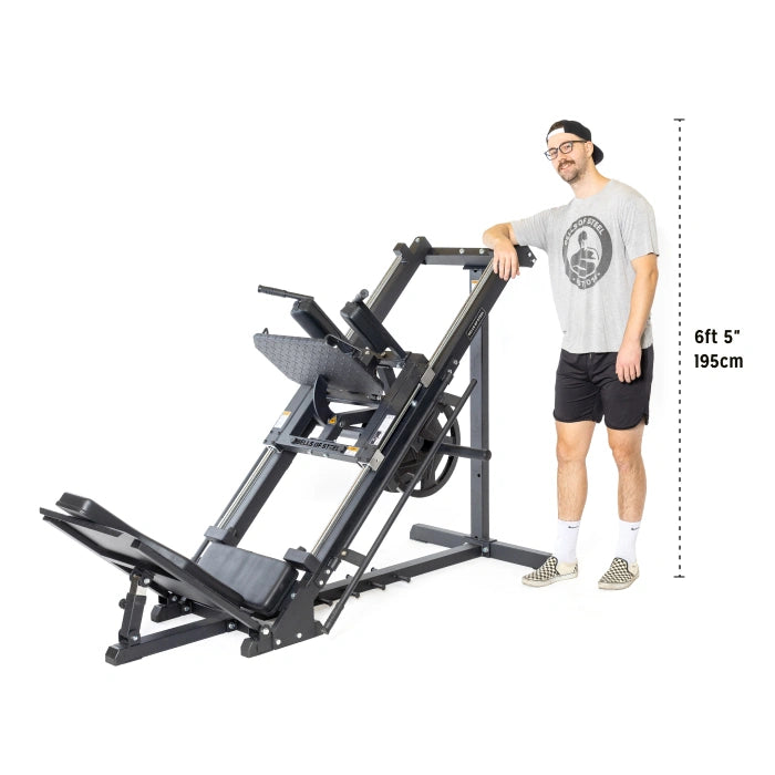 Bells of Steel Hack Squat Leg Press Machine with Male user and height dimension displayed