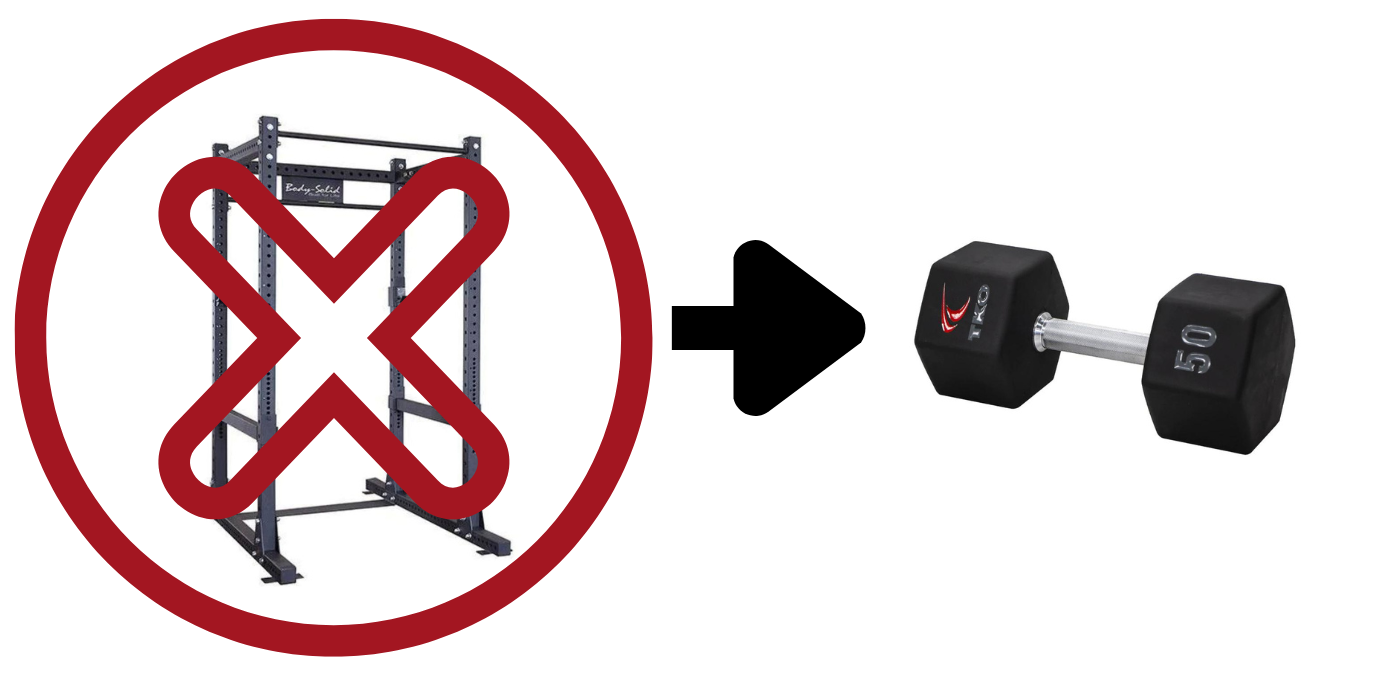 Squat Rack Alternatives Featured Image With Squat Rack Crossed Out and A Dumbbell