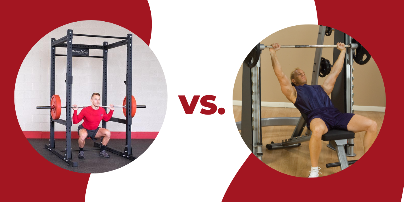 Squat Rack Vs. Smith Machine Featured Image With Two Image Circles Showing Squat rack and Smith Machine