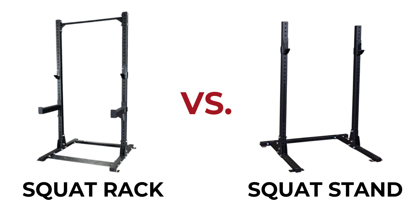 Squat Rack Vs. Squat Stand Featured Image With Two Racks and White Background