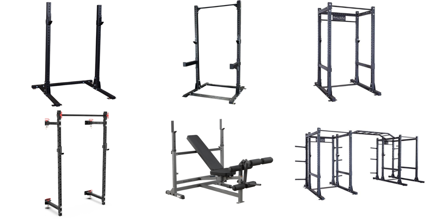 Types Of Squat Rack Featured Image With 6 Different Squat Racks all white background