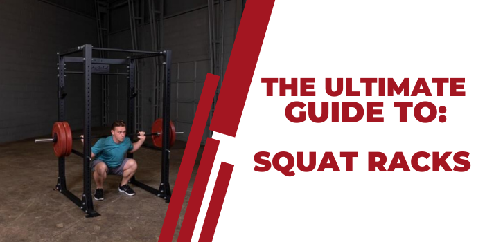What Is a Squat Rack Featured Image With Text overlay and man squatting in a rack